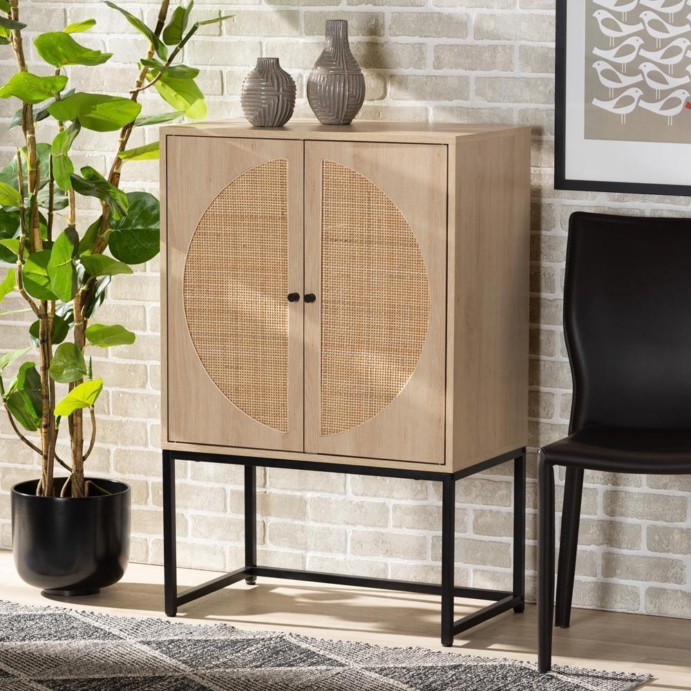 Ardon Bohemian Light Brown Finished Wood and Black Metal 2-Door Storage Cabinet with Natural Rattan FredCo