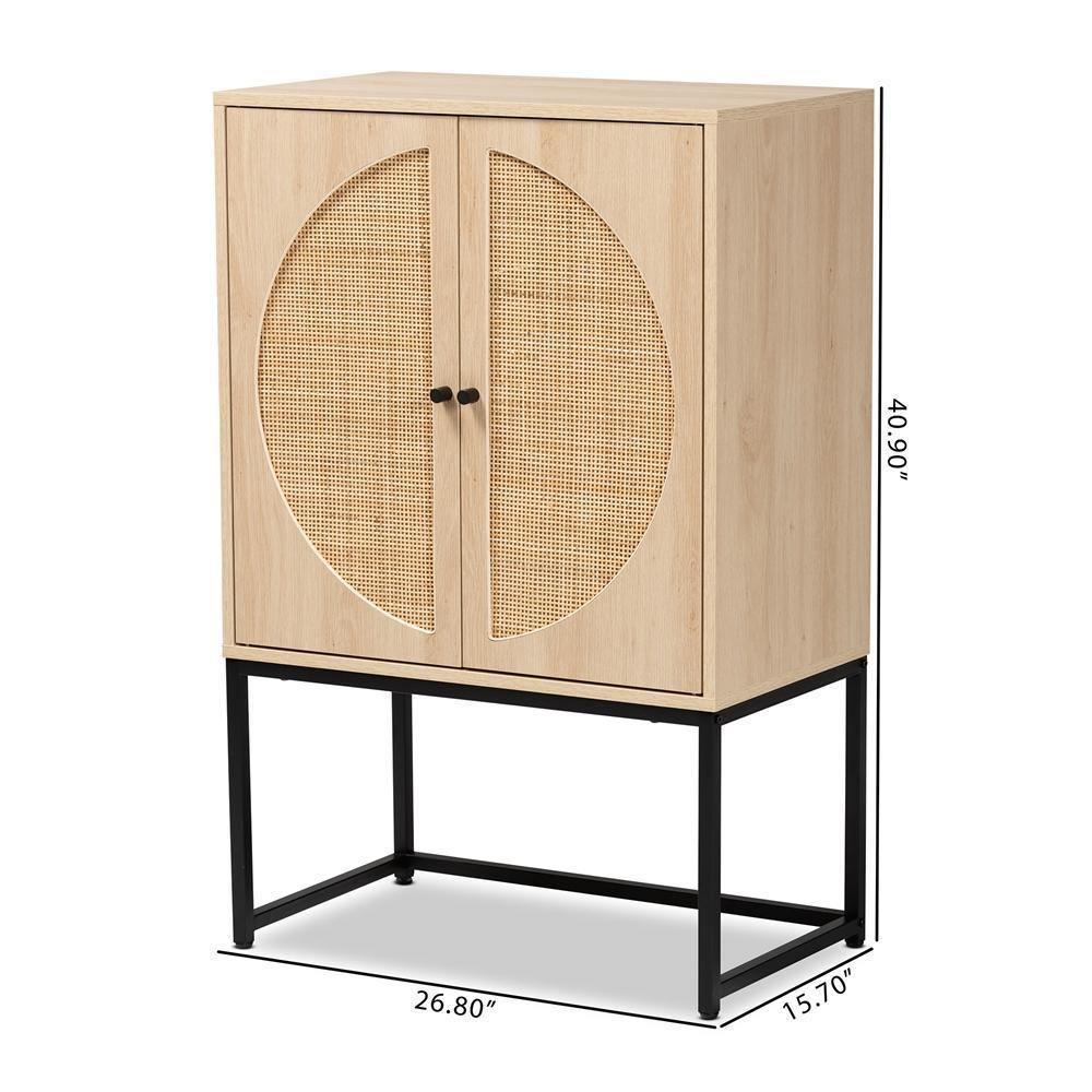 Ardon Bohemian Light Brown Finished Wood and Black Metal 2-Door Storage Cabinet with Natural Rattan FredCo
