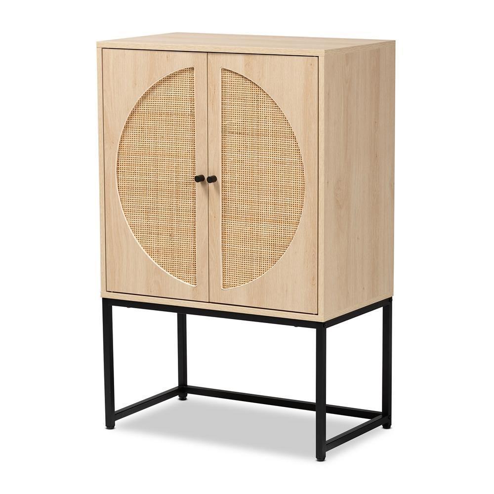 Ardon Bohemian Light Brown Finished Wood and Black Metal 2-Door Storage Cabinet with Natural Rattan FredCo