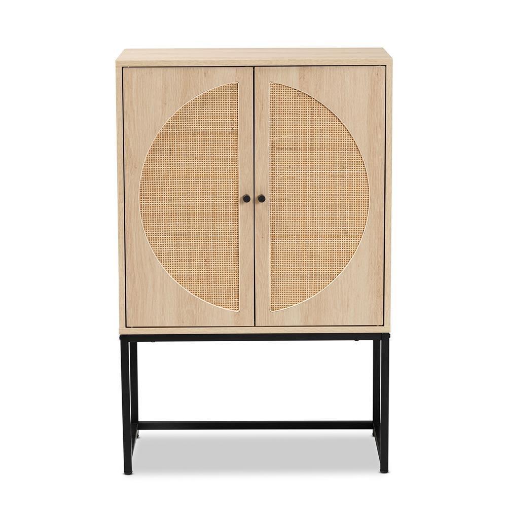 Ardon Bohemian Light Brown Finished Wood and Black Metal 2-Door Storage Cabinet with Natural Rattan FredCo