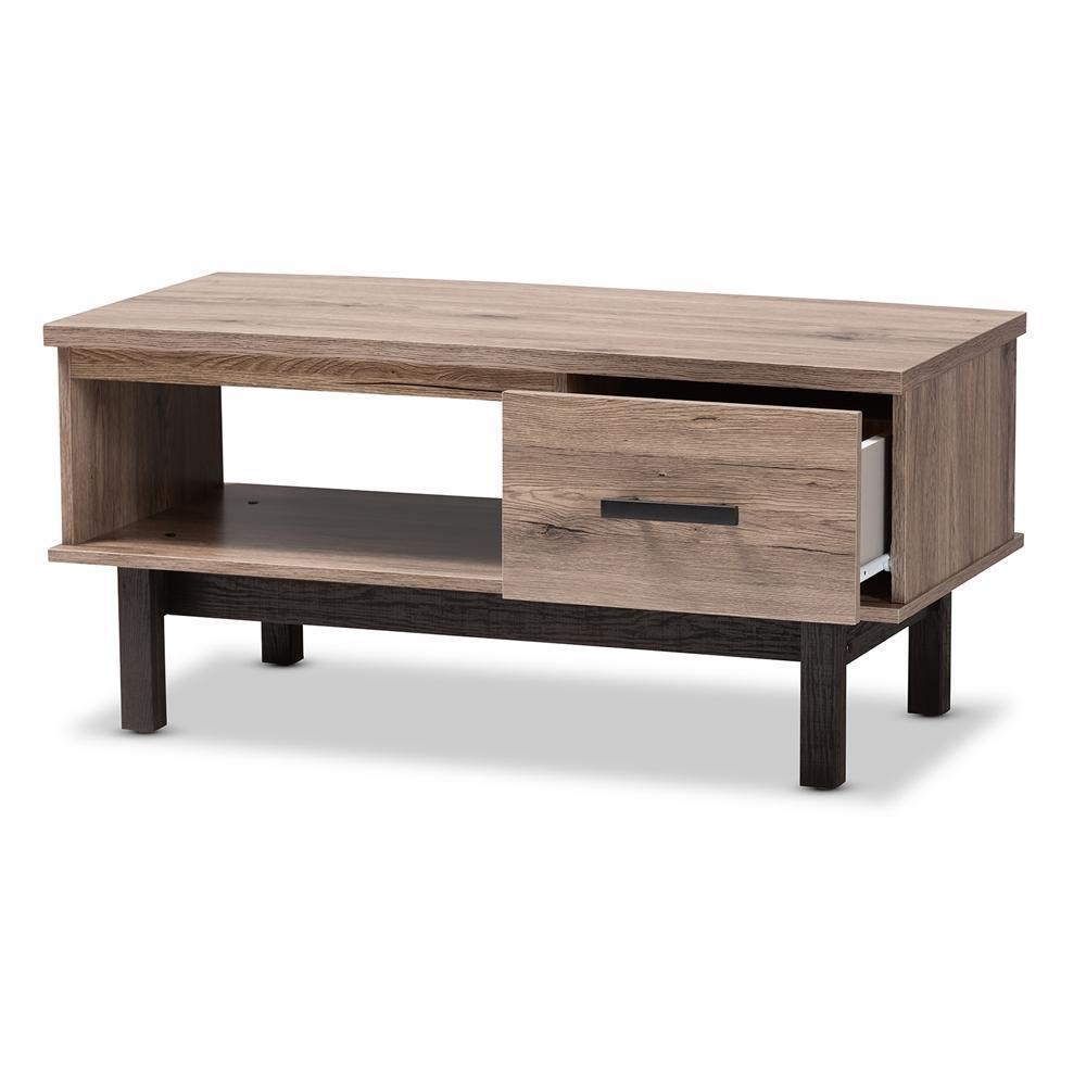 Arend Modern and Contemporary Two-Tone Oak Brown and Black Wood 1-Drawer Coffee Table FredCo