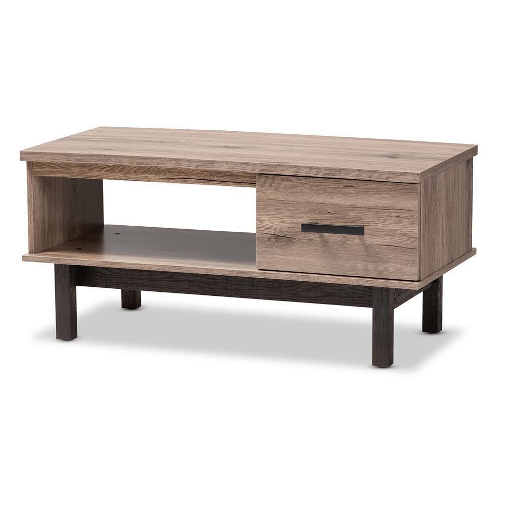 Arend Modern and Contemporary Two-Tone Oak Brown and Black Wood 1-Drawer Coffee Table FredCo