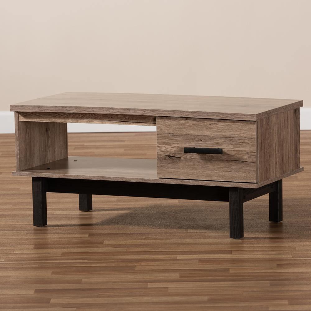 Arend Modern and Contemporary Two-Tone Oak Brown and Black Wood 1-Drawer Coffee Table FredCo