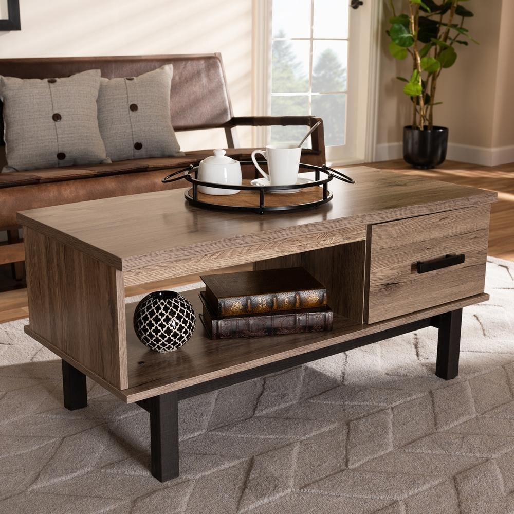 Arend Modern and Contemporary Two-Tone Oak Brown and Black Wood 1-Drawer Coffee Table FredCo