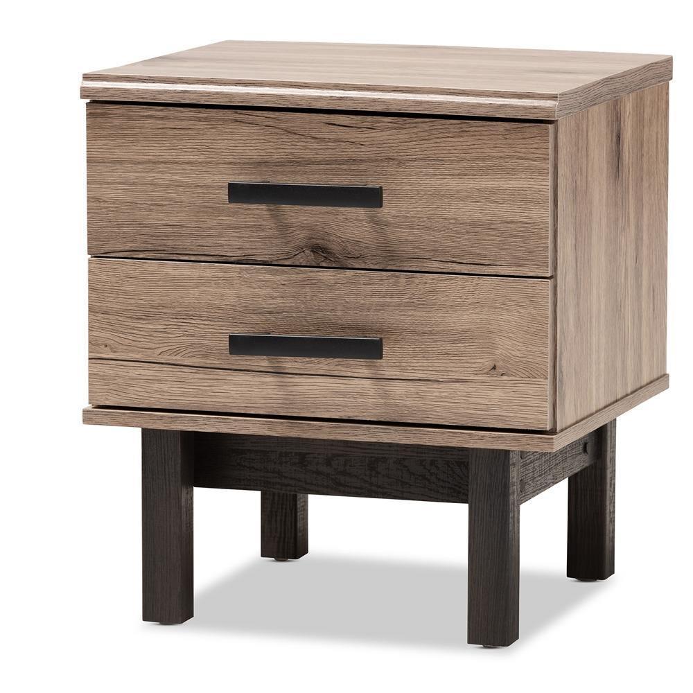 Arend Modern and Contemporary Two-Tone Oak Brown and Ebony Wood 2-Drawer End Table FredCo