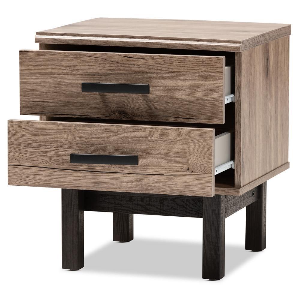 Arend Modern and Contemporary Two-Tone Oak Brown and Ebony Wood 2-Drawer End Table FredCo