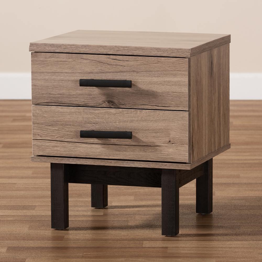 Arend Modern and Contemporary Two-Tone Oak Brown and Ebony Wood 2-Drawer End Table FredCo