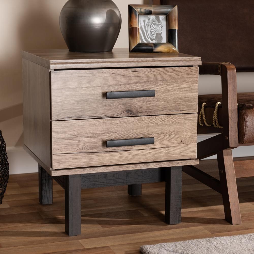 Arend Modern and Contemporary Two-Tone Oak Brown and Ebony Wood 2-Drawer End Table FredCo