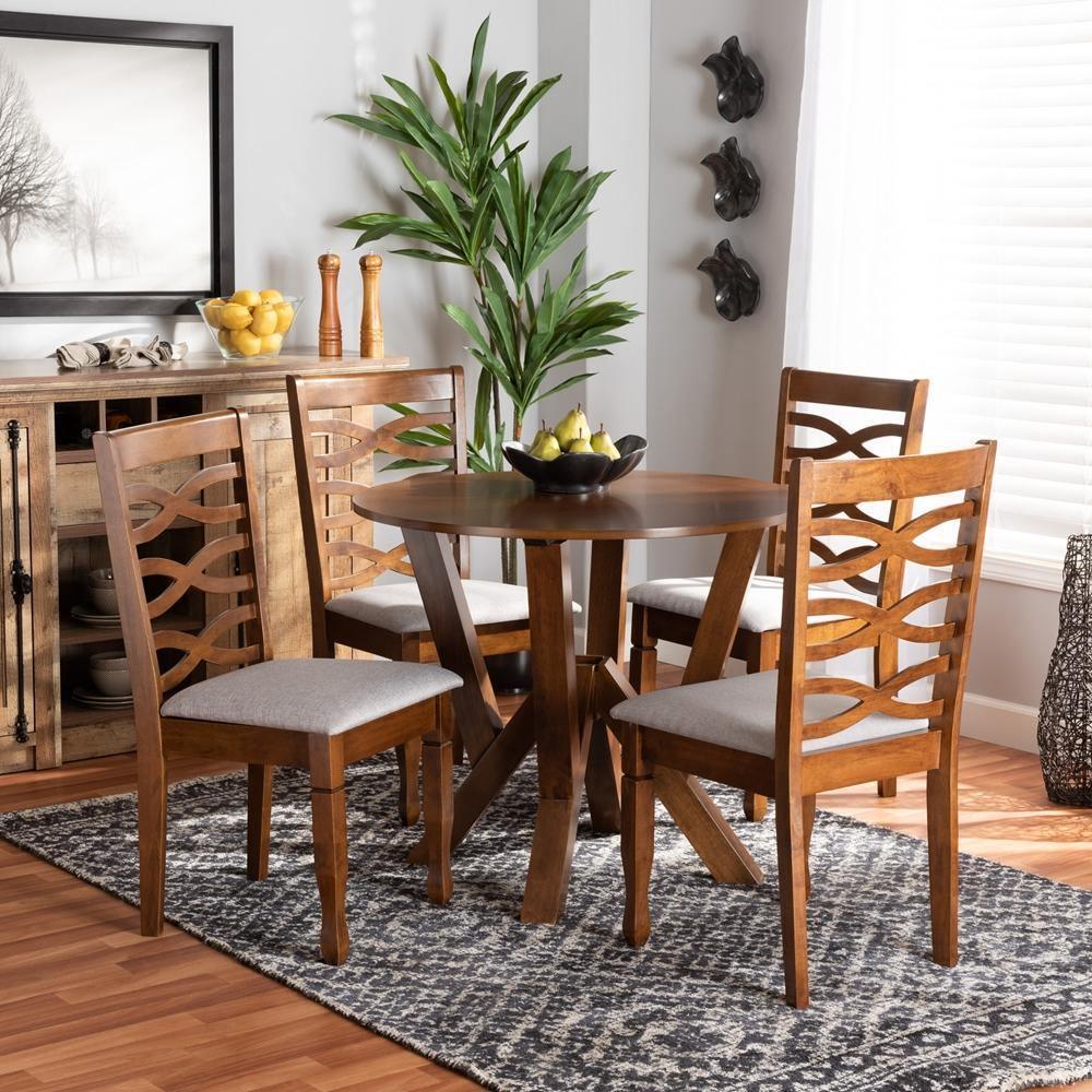 Ariane Modern and Contemporary Grey Fabric Upholstered and Walnut Brown Finished Wood 5-Piece Dining Set FredCo