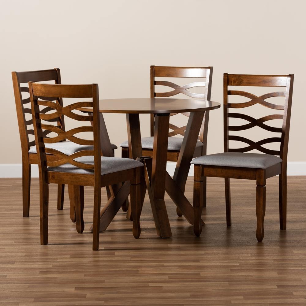 Ariane Modern and Contemporary Grey Fabric Upholstered and Walnut Brown Finished Wood 5-Piece Dining Set FredCo