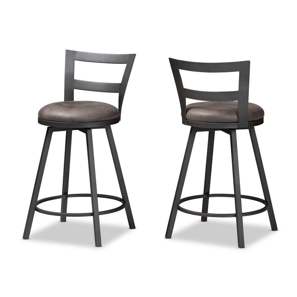 Arjean Rustic and Industrial Grey Faux Leather Upholstered Pub Stool Set of 2 FredCo