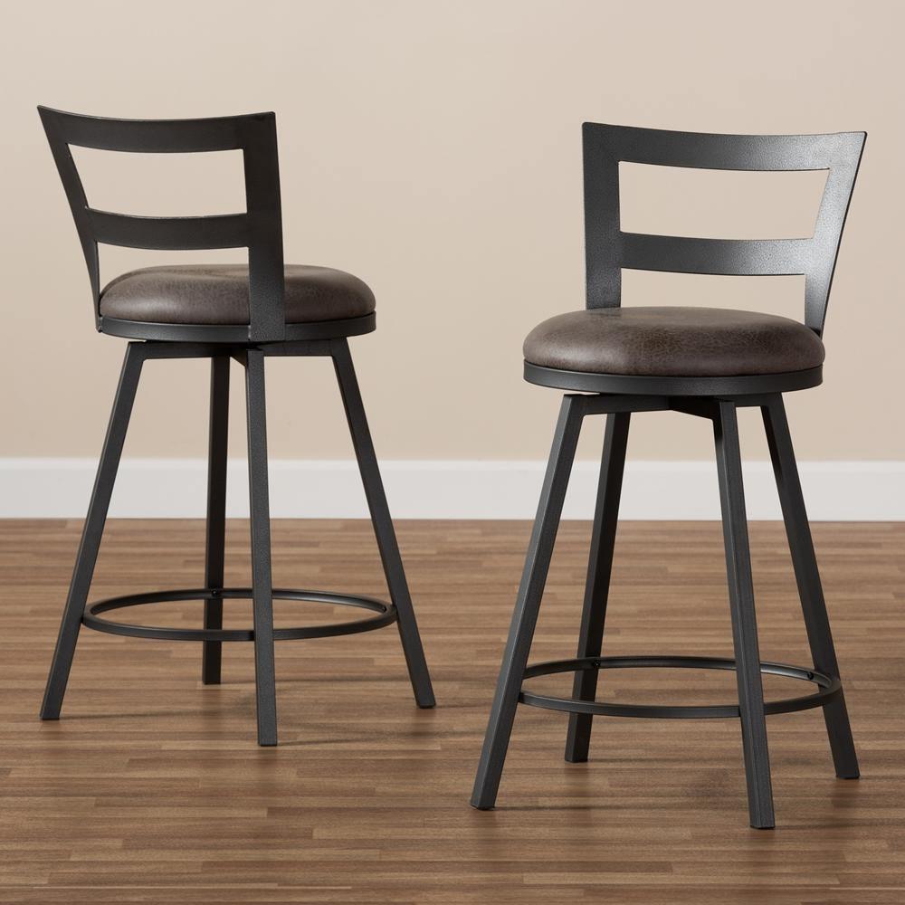 Arjean Rustic and Industrial Grey Faux Leather Upholstered Pub Stool Set of 2 FredCo