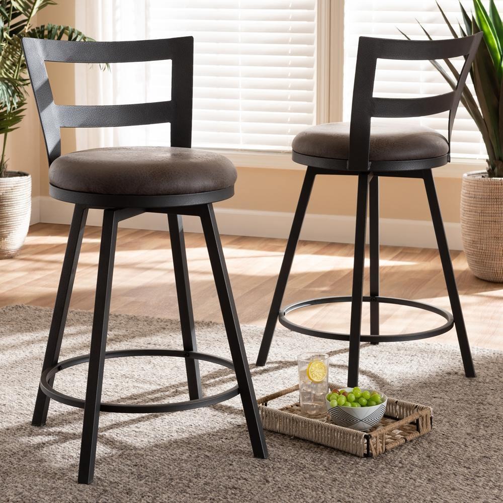 Arjean Rustic and Industrial Grey Faux Leather Upholstered Pub Stool Set of 2 FredCo