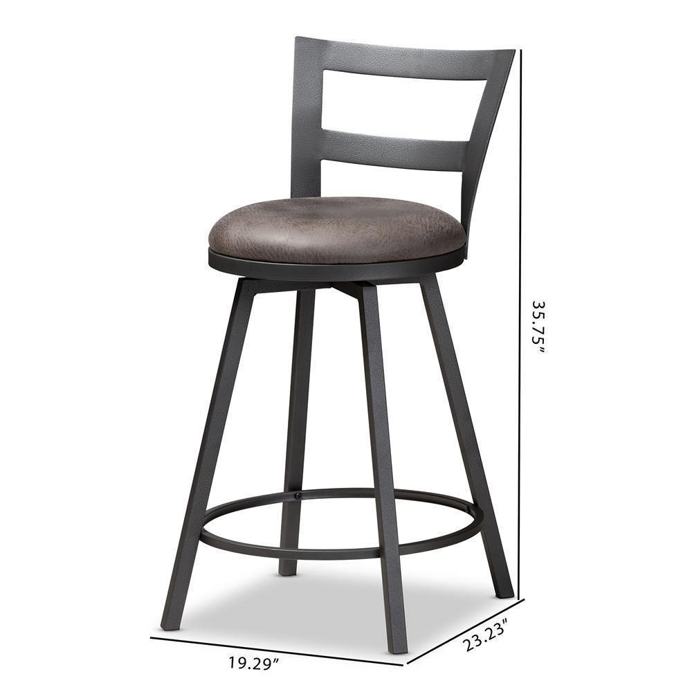Arjean Rustic and Industrial Grey Faux Leather Upholstered Pub Stool Set of 2 FredCo