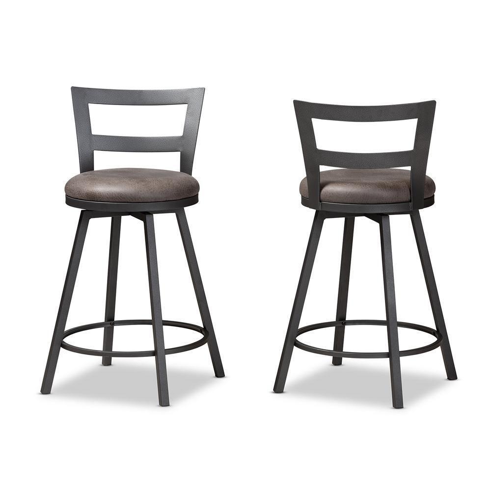 Arjean Rustic and Industrial Grey Faux Leather Upholstered Pub Stool Set of 2 FredCo