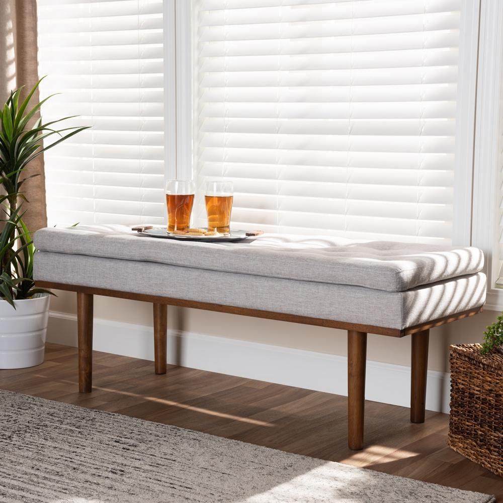 Arne Mid-Century Modern Greyish Beige Fabric Upholstered Walnut Finished Bench FredCo