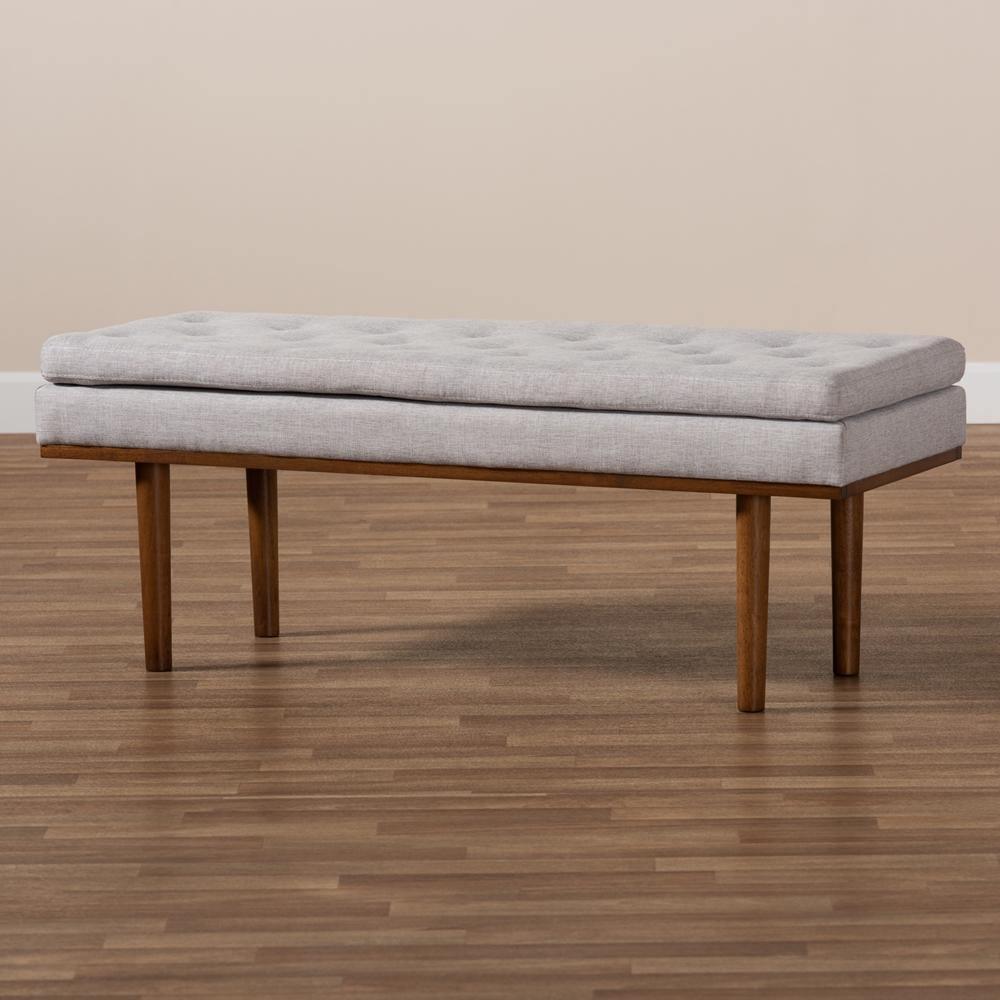 Arne Mid-Century Modern Greyish Beige Fabric Upholstered Walnut Finished Bench FredCo