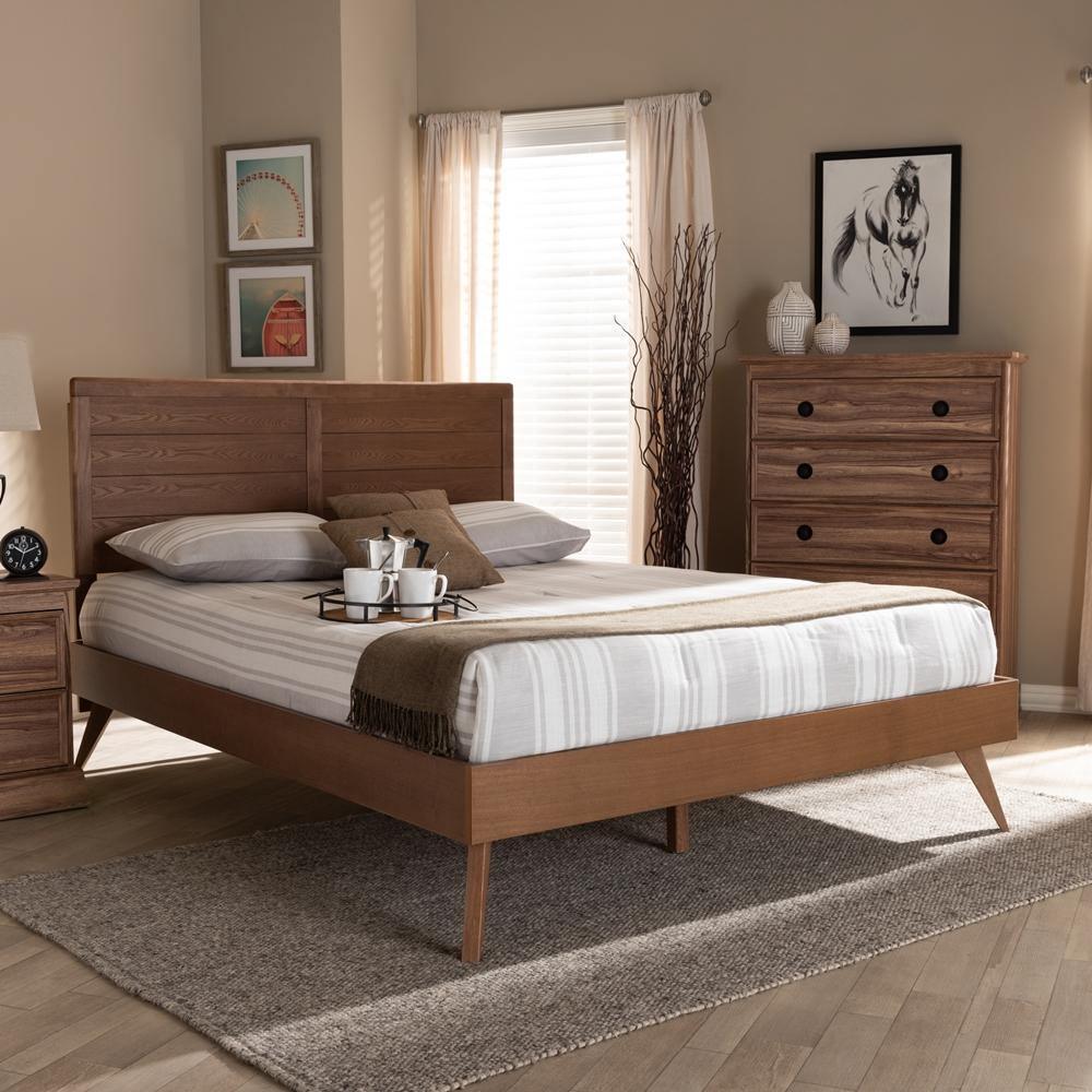 Artemis Mid-Century Modern Walnut Brown Finished Wood Queen Size Platform Bed FredCo