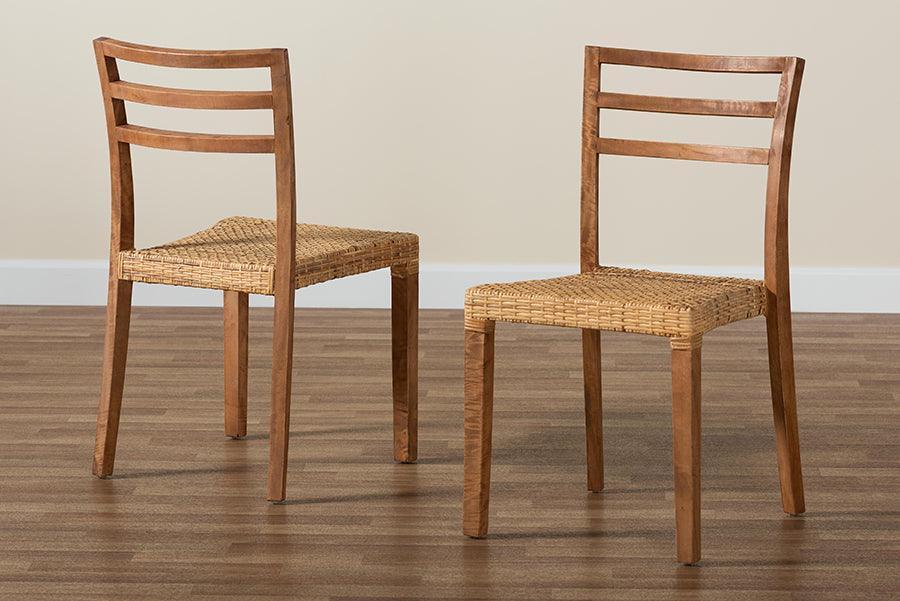 Arthur Mid-Century Modern Walnut Brown Finished Wood and Natural Rattan 2-Piece Dining Chair Set FredCo