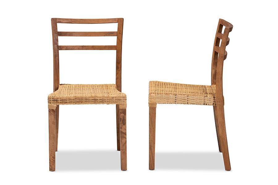 Arthur Mid-Century Modern Walnut Brown Finished Wood and Natural Rattan 2-Piece Dining Chair Set FredCo