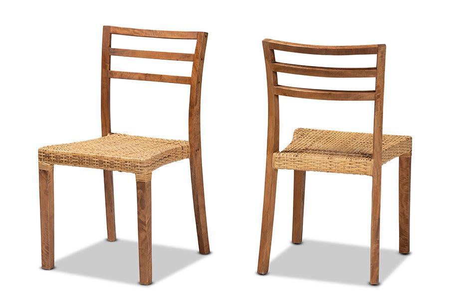 Arthur Mid-Century Modern Walnut Brown Finished Wood and Natural Rattan 2-Piece Dining Chair Set FredCo