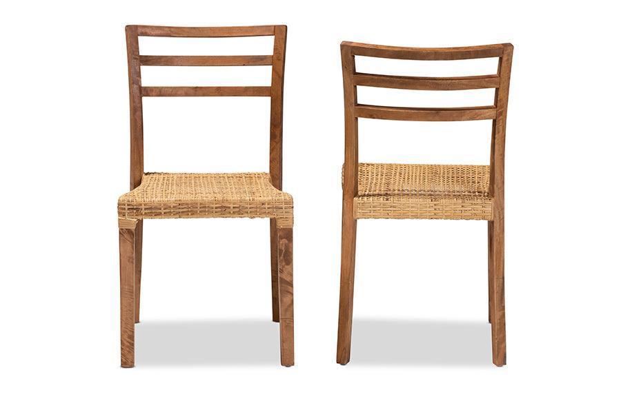 Arthur Mid-Century Modern Walnut Brown Finished Wood and Natural Rattan 2-Piece Dining Chair Set FredCo