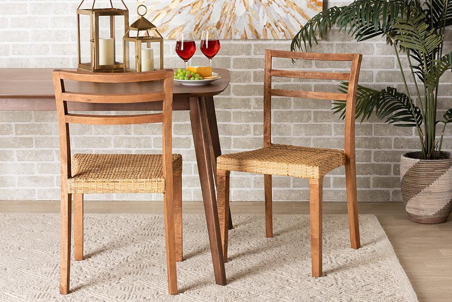 Arthur Mid-Century Modern Walnut Brown Finished Wood and Natural Rattan 2-Piece Dining Chair Set FredCo
