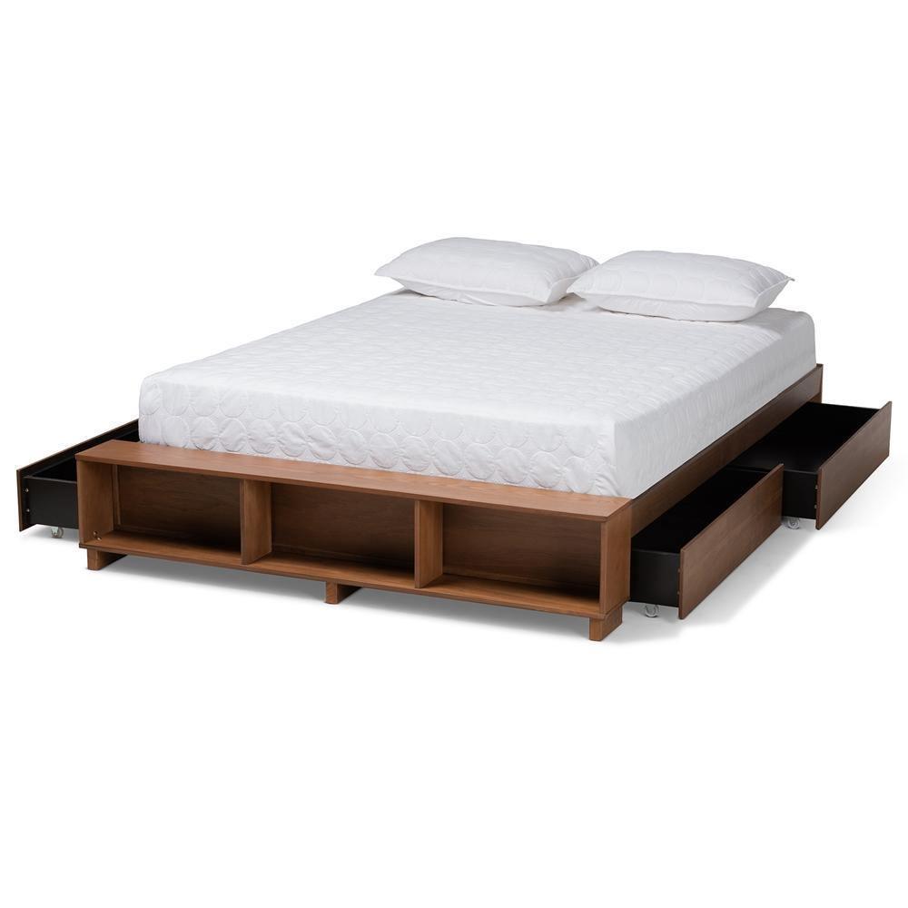Arthur Modern Rustic Ash Walnut Brown Finished Wood King Size Platform Bed with Built-In Shelves FredCo