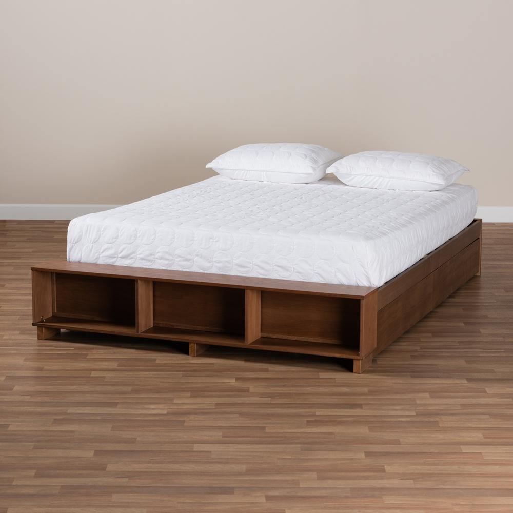 Arthur Modern Rustic Ash Walnut Brown Finished Wood Queen Size Platform Bed with Built-In Shelves FredCo