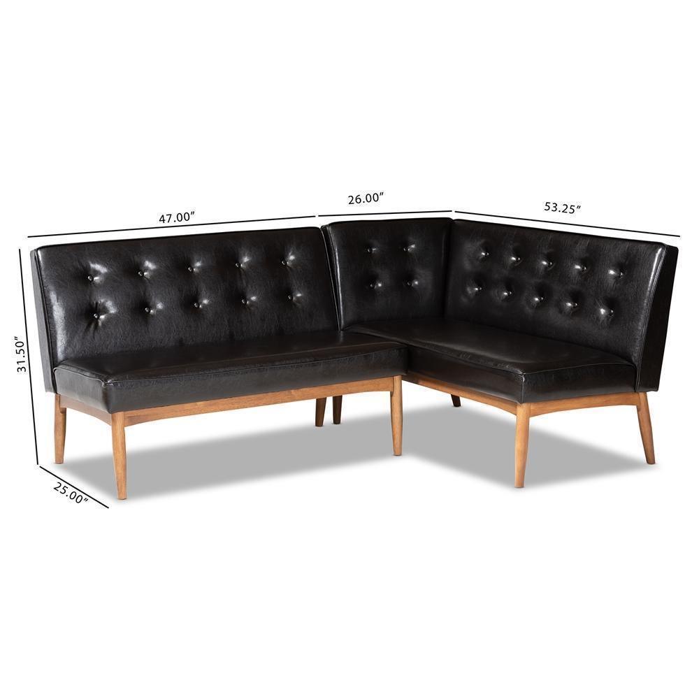 Arvid Mid-Century Modern Dark Brown Faux Leather Upholstered 2-Piece Wood Dining Nook Banquette Set FredCo