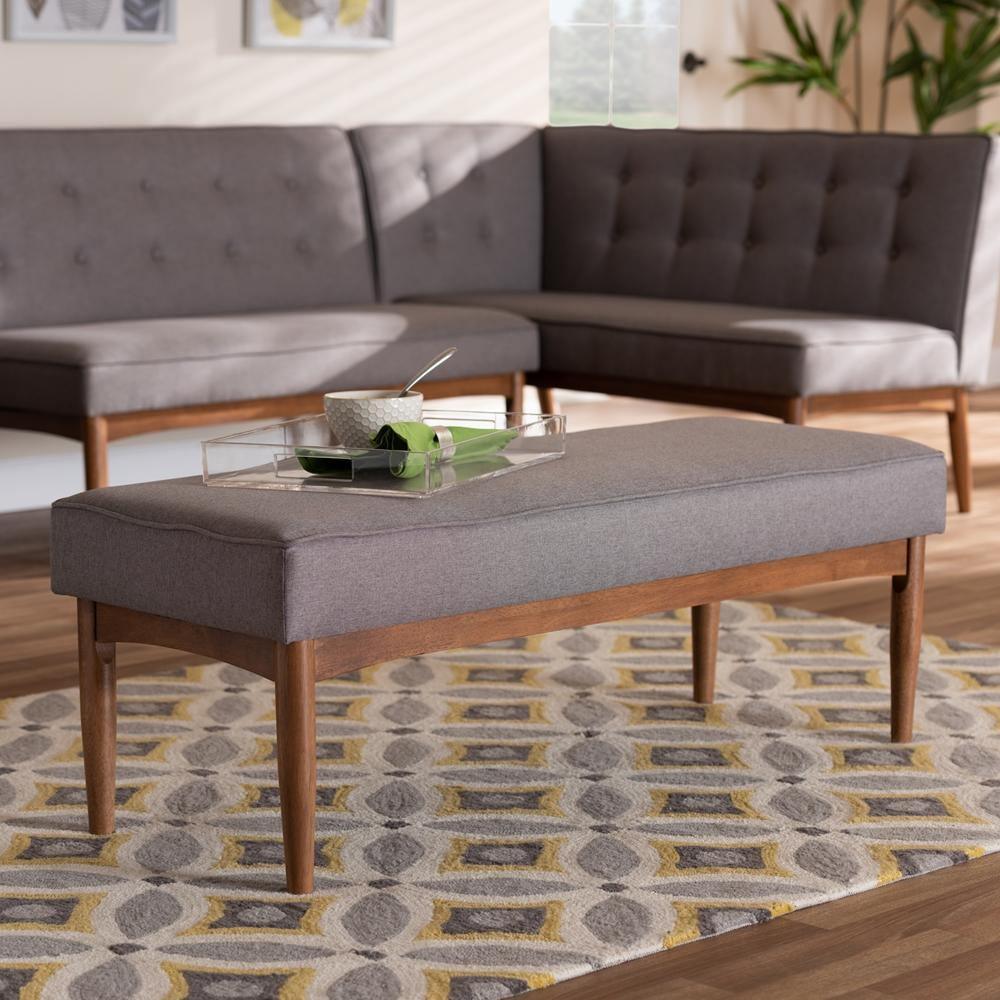 Arvid Mid-Century Modern Gray Fabric Upholstered Wood Dining Bench FredCo