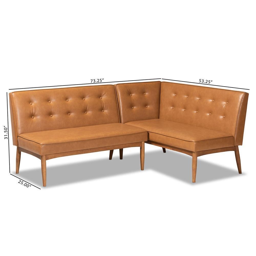 Arvid Mid-Century Modern Tan Faux Leather Upholstered and Walnut Brown Finished Wood 2-Piece Dining Corner Sofa Bench FredCo