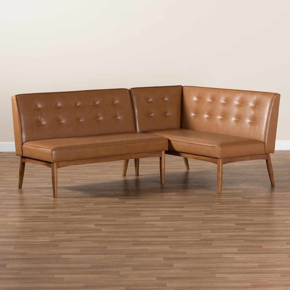 Arvid Mid-Century Modern Tan Faux Leather Upholstered and Walnut Brown Finished Wood 2-Piece Dining Corner Sofa Bench FredCo