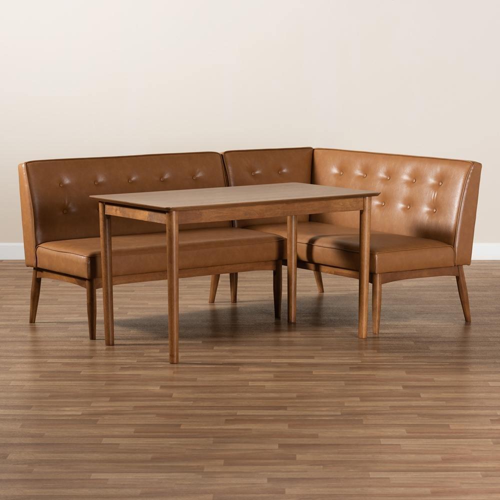 Arvid Mid-Century Modern Tan Faux Leather Upholstered and Walnut Brown Finished Wood 3-Piece Dining Nook Set FredCo