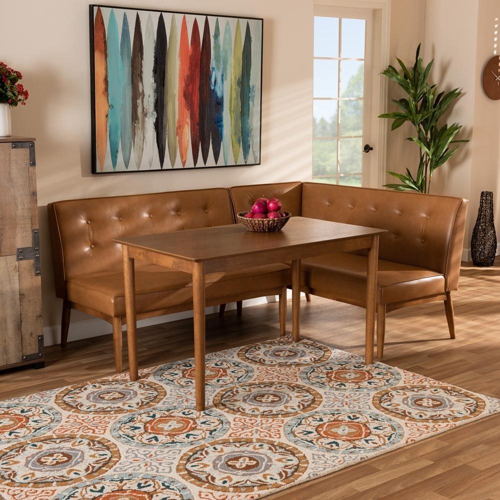 Arvid Mid-Century Modern Tan Faux Leather Upholstered and Walnut Brown Finished Wood 3-Piece Dining Nook Set FredCo