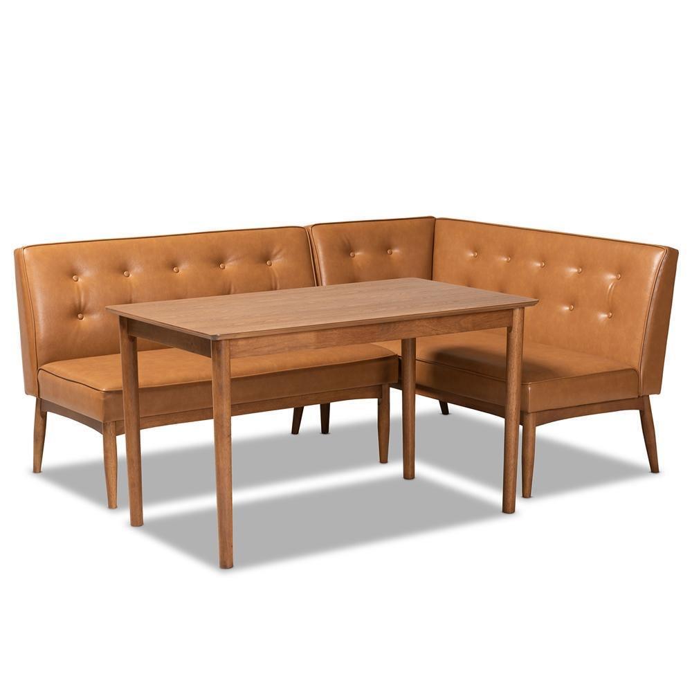 Arvid Mid-Century Modern Tan Faux Leather Upholstered and Walnut Brown Finished Wood 3-Piece Dining Nook Set FredCo