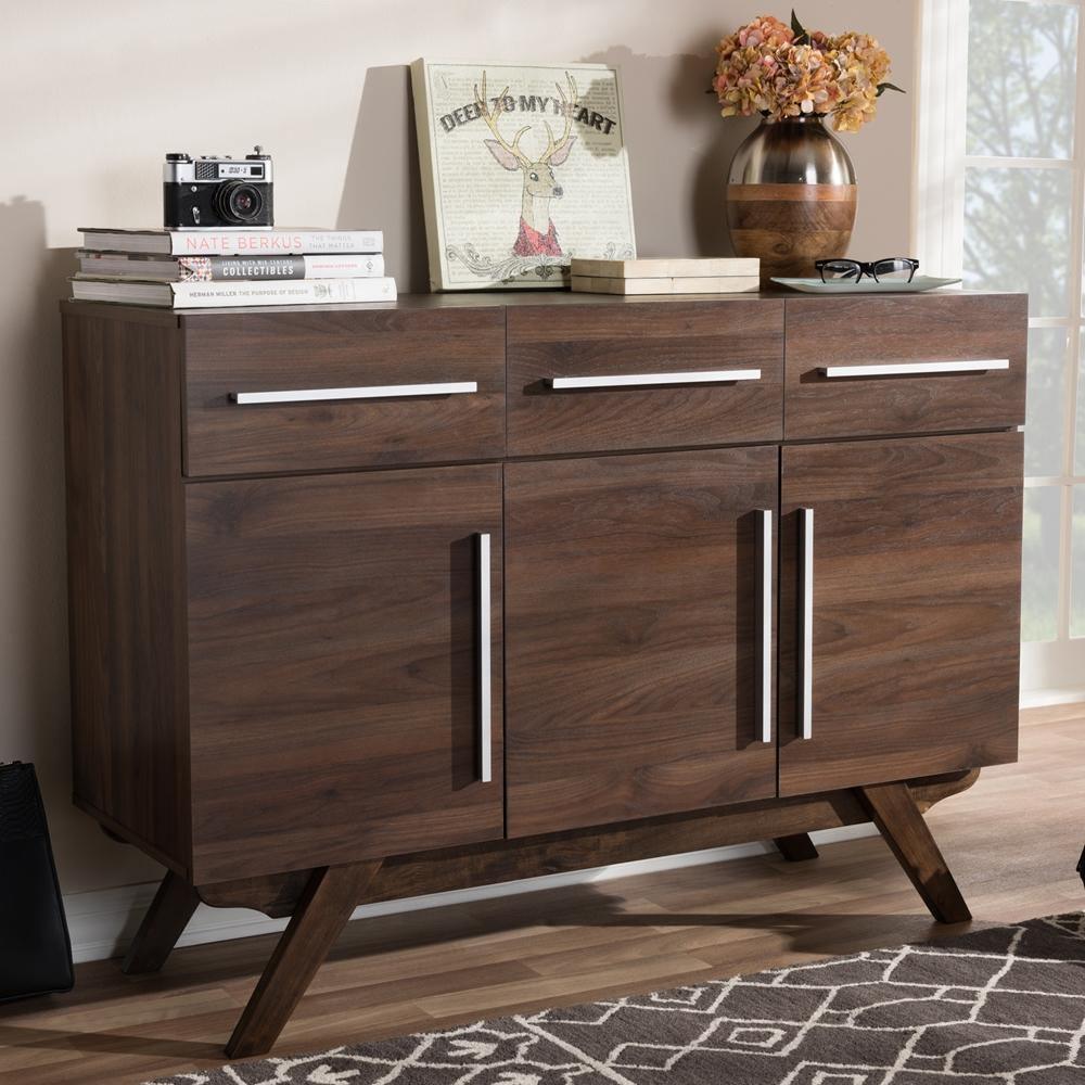 Ashfield Mid-Century Modern Walnut Brown Finished Wood 3-Drawer Sideboard FredCo