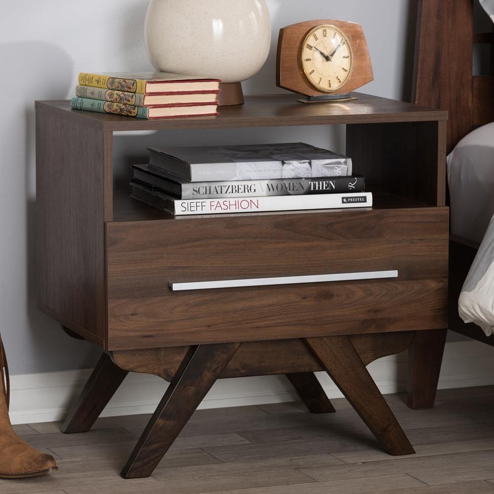 Ashfield Mid-Century Modern Walnut Brown Finished Wood Nightstand FredCo