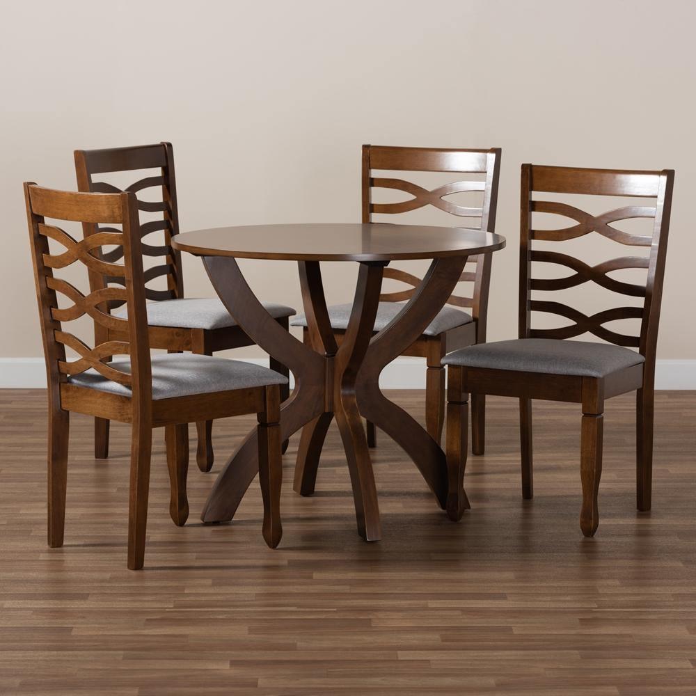 Aspen Modern and Contemporary Grey Fabric Upholstered and Walnut Brown Finished Wood 5-Piece Dining Set FredCo