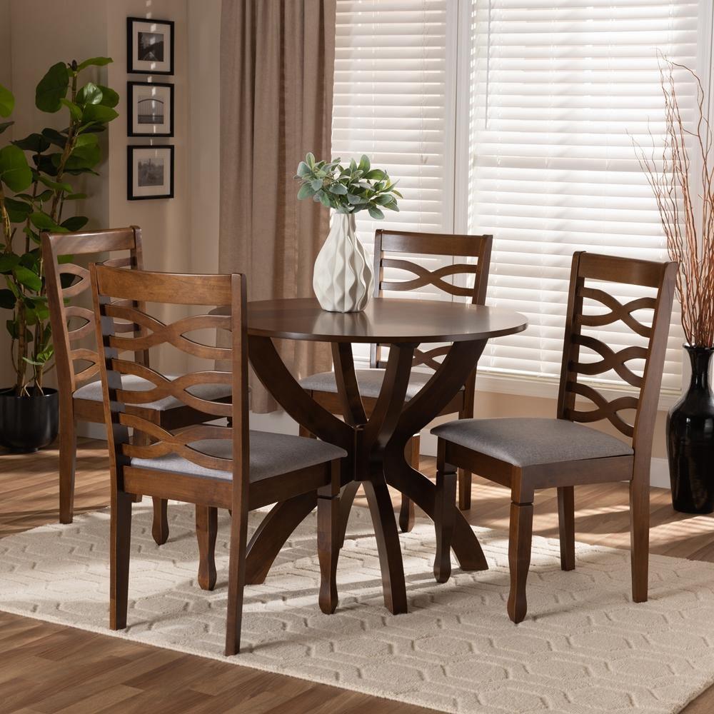 Aspen Modern and Contemporary Grey Fabric Upholstered and Walnut Brown Finished Wood 5-Piece Dining Set FredCo