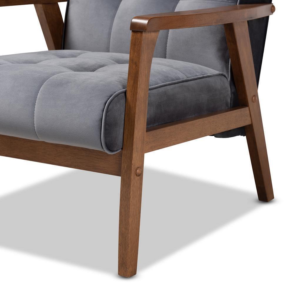Asta Mid-Century Modern Grey Velvet Fabric Upholstered Walnut Finished Wood Armchair FredCo