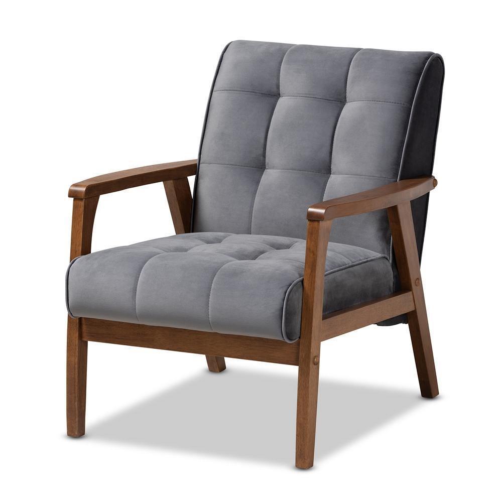 Asta Mid-Century Modern Grey Velvet Fabric Upholstered Walnut Finished Wood Armchair FredCo