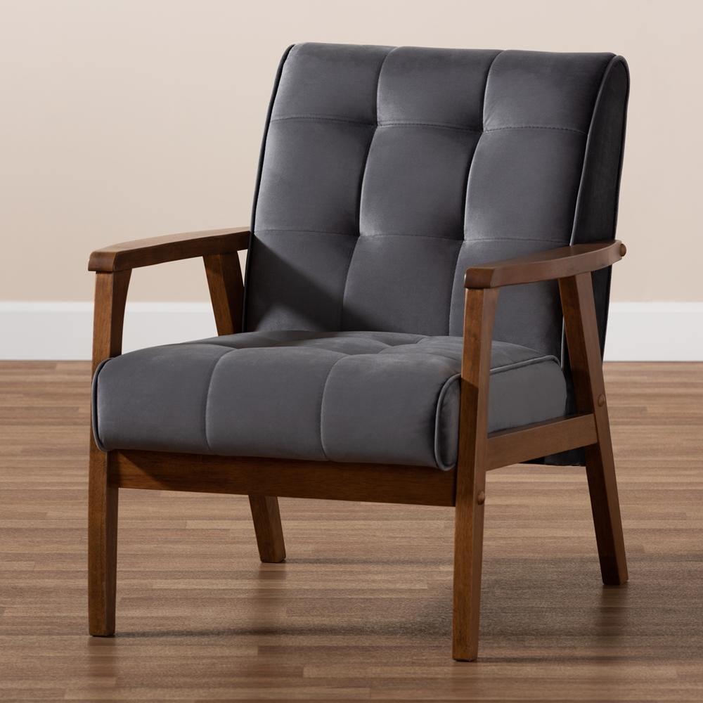 Asta Mid-Century Modern Grey Velvet Fabric Upholstered Walnut Finished Wood Armchair FredCo