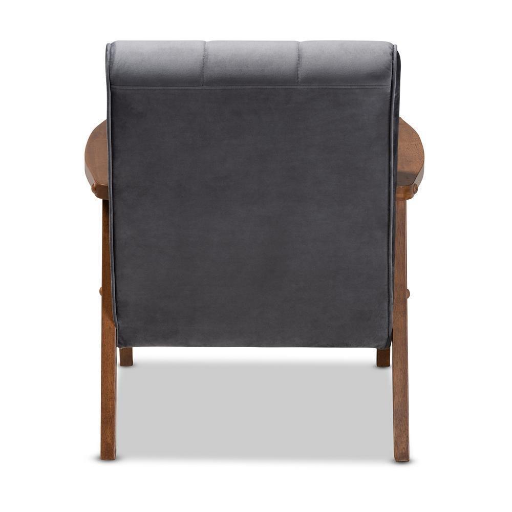 Asta Mid-Century Modern Grey Velvet Fabric Upholstered Walnut Finished Wood Armchair FredCo