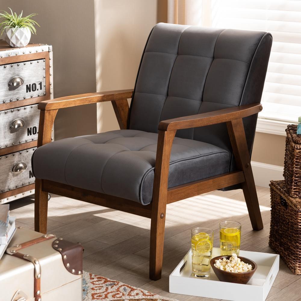 Asta Mid-Century Modern Grey Velvet Fabric Upholstered Walnut Finished Wood Armchair FredCo