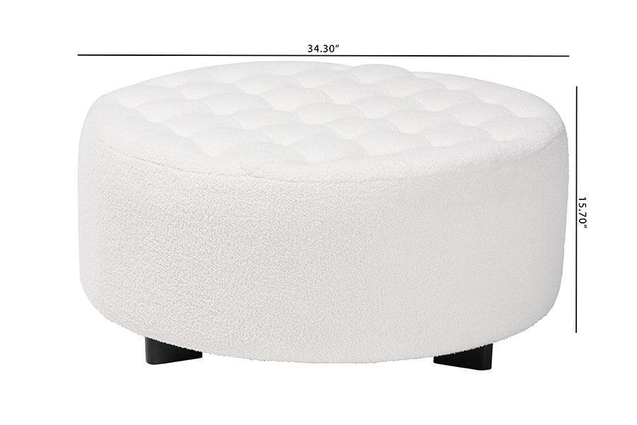 Athena Modern and Contemporary Ivory Boucle Upholstered and Black Finished Wood Round Ottoman FredCo