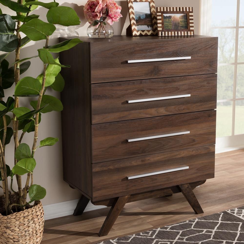 Auburn Mid-Century Modern Walnut Brown Finished Wood 4-Drawer Chest FredCo