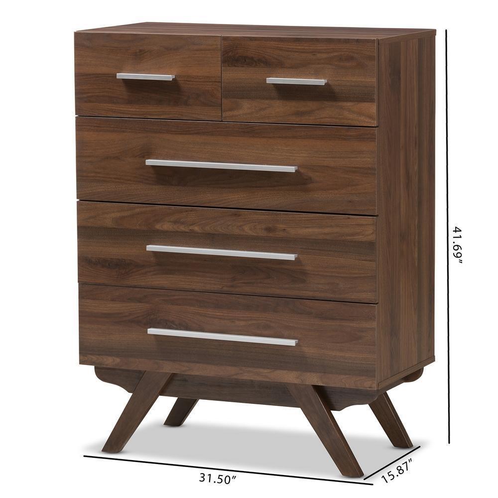 Auburn Mid-Century Modern Walnut Brown Finished Wood 5-Drawer Chest FredCo
