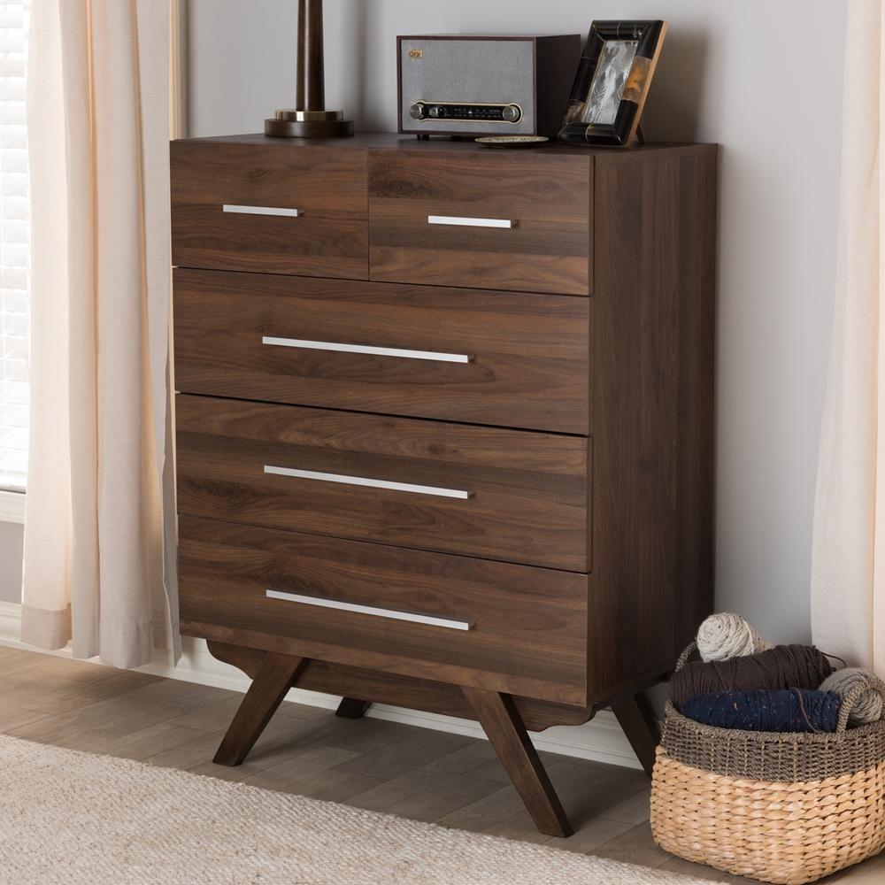 Auburn Mid-Century Modern Walnut Brown Finished Wood 5-Drawer Chest FredCo