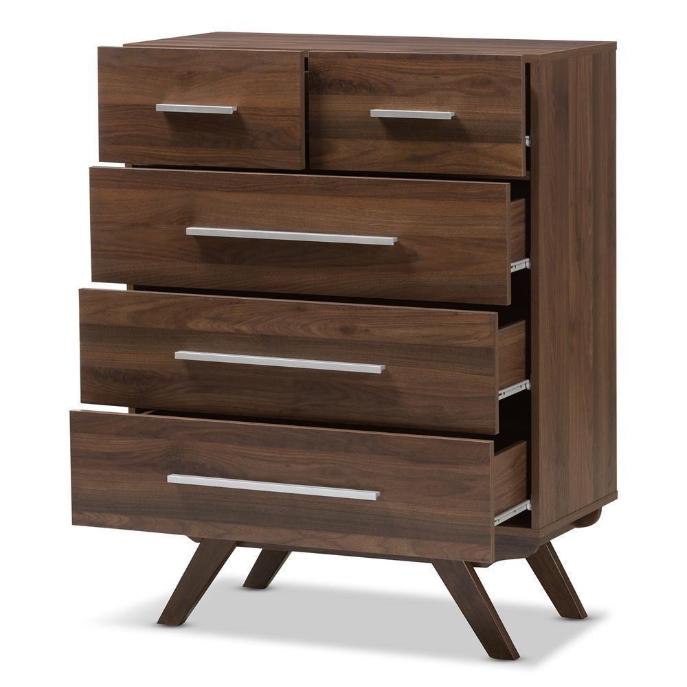 Auburn Mid-Century Modern Walnut Brown Finished Wood 5-Drawer Chest FredCo